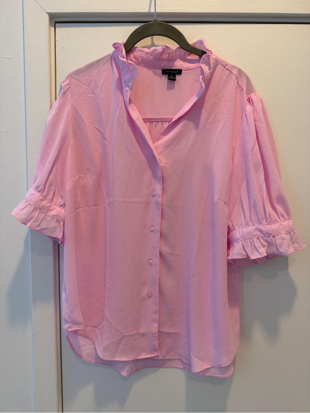 Ann Taylor Pink Ruffle-Trim Button Front Blouse
